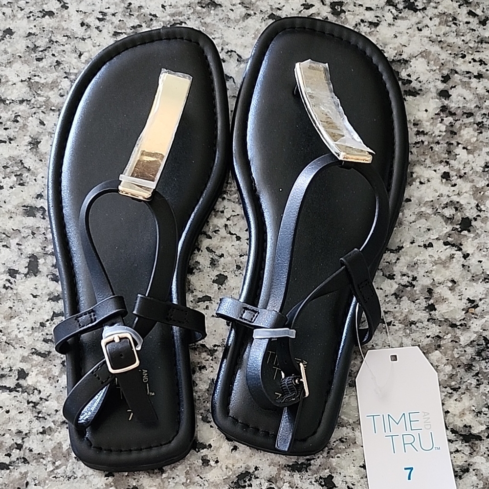 Time and Tru Black and Silver T-Strap Sandals